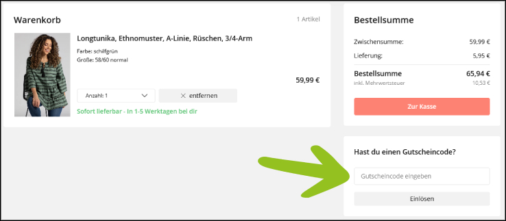 Trage deinen Gutscheincode in dieses Feld ein Den Ulla Poken Gutschein einfach im Warenkorb eingeben