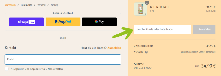 Rabattcode eingeben VEGDOG Rabattcode im Warenkorb einlösen