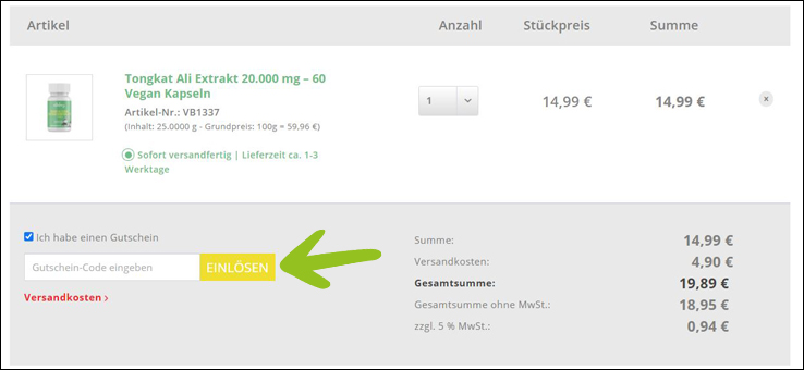 Rabattcode hier eintragen Vitabay Gutschein im Warenkorb einlösen