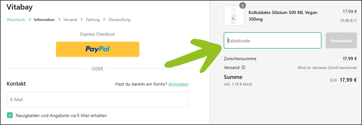 Code an der Kasse eingeben Vitabay Gutschein an der Kasse einfügen